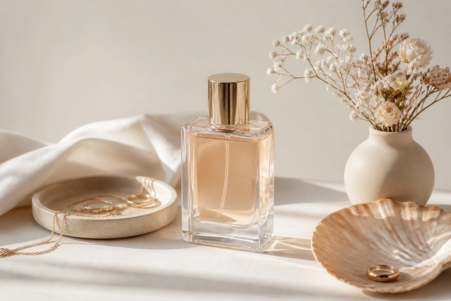 An editorial fragrance still life featuring a premium perfume bottle beside curated creator styling elements on a clean pale…