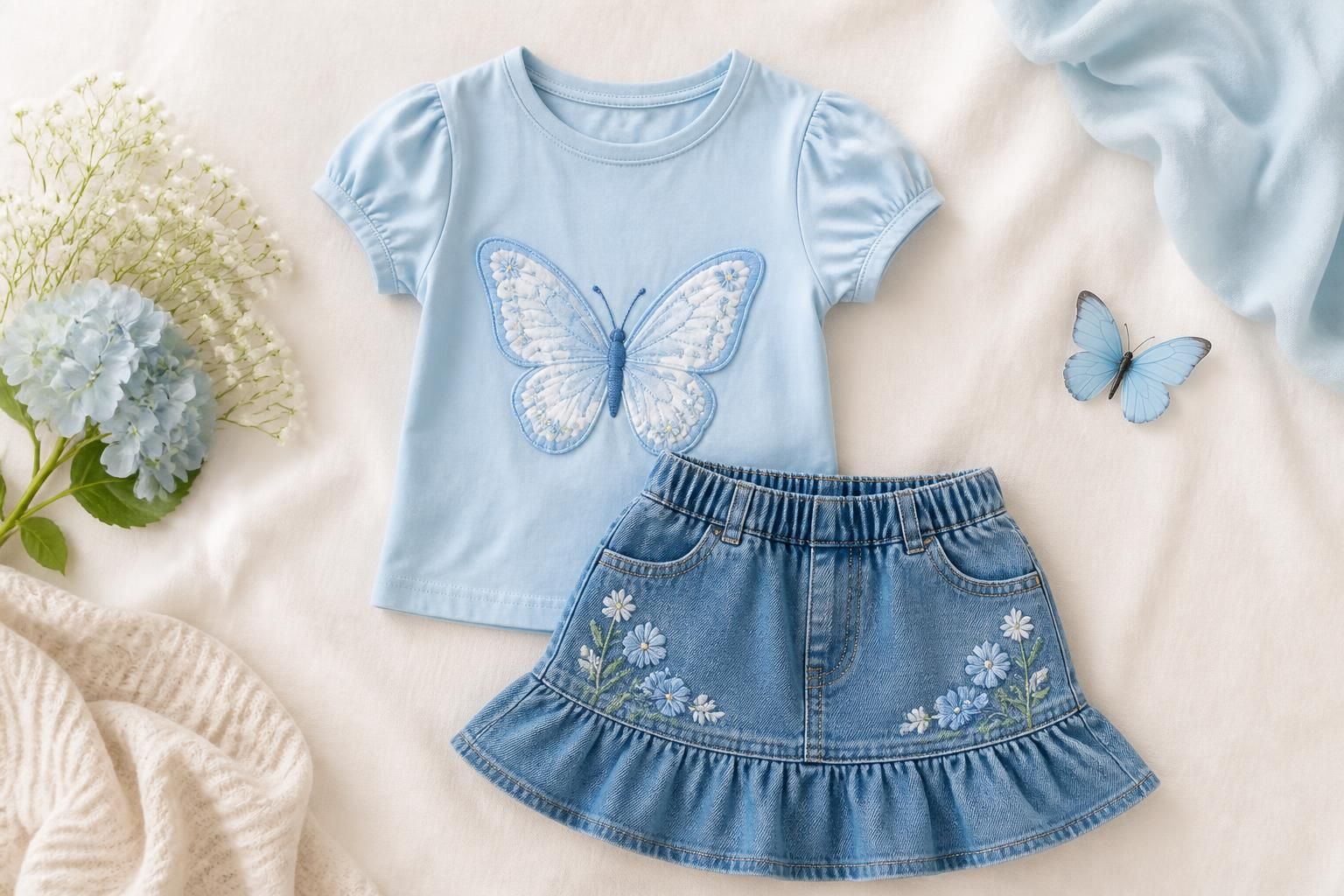 Girls blue butterfly applique t-shirt with embroidered denim skirt set styled on a soft pale backdrop