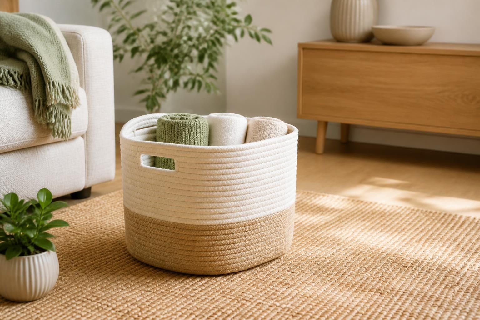 A premium eco-friendly home organization product styled in a bright
