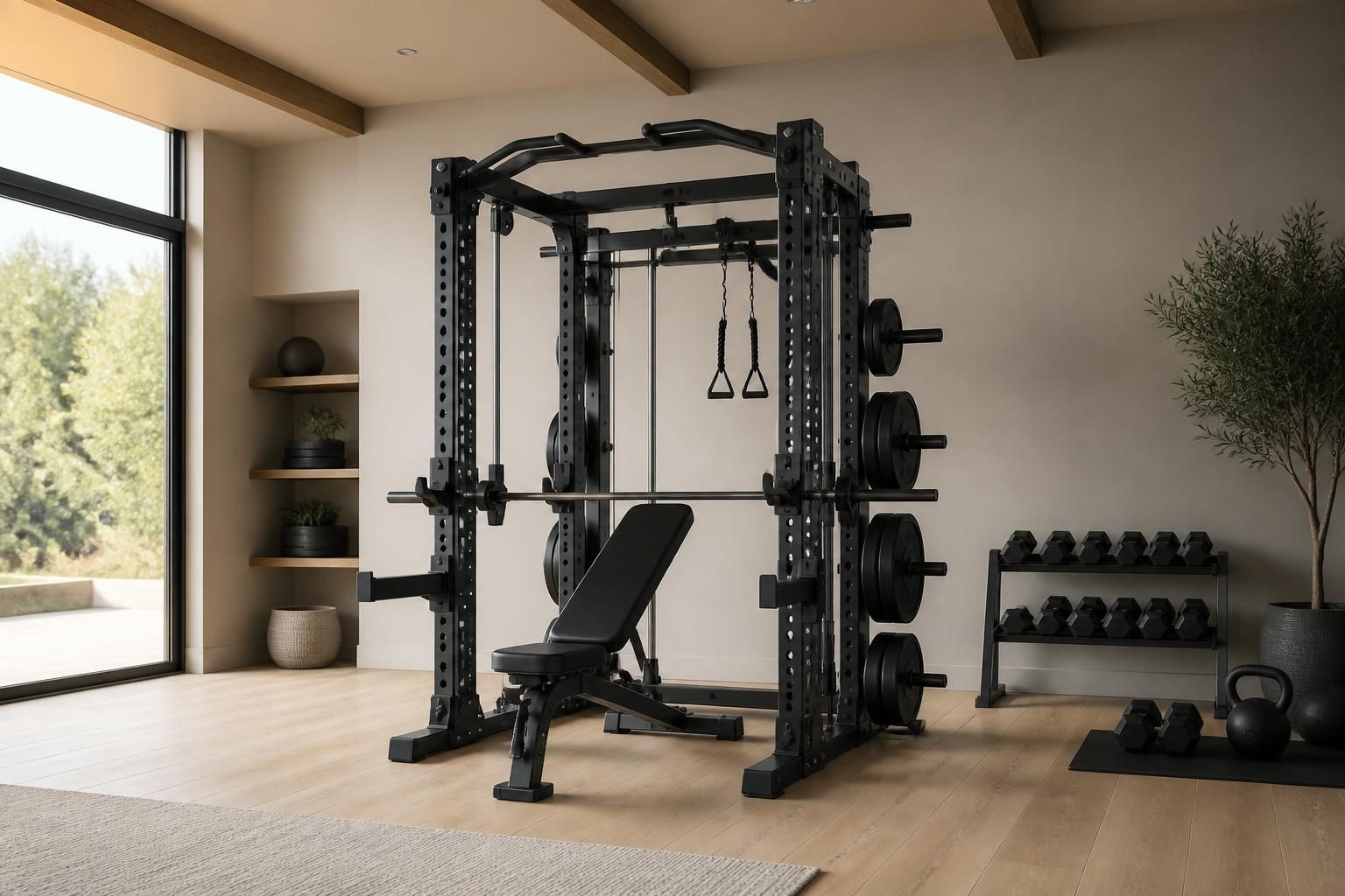 Premium fitness equipment arranged in a bright modern home gym with soft daylight
