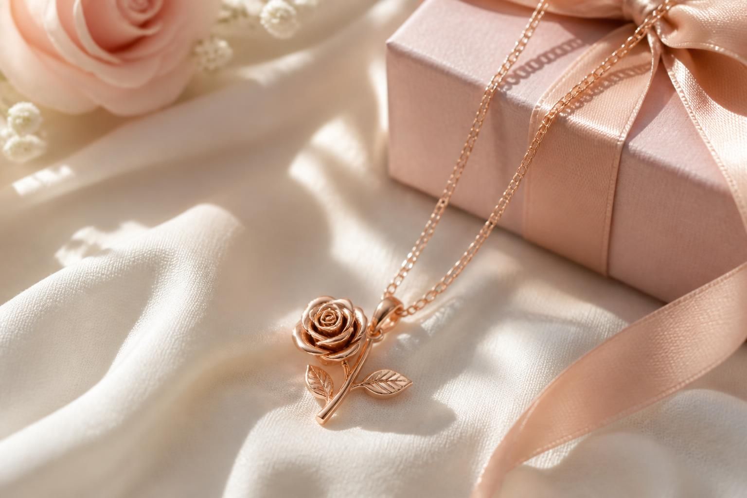 A gold-tone eternal rose necklace pendant resting on a soft ivory satin surface beside a delicate gift box and subtle ribbon