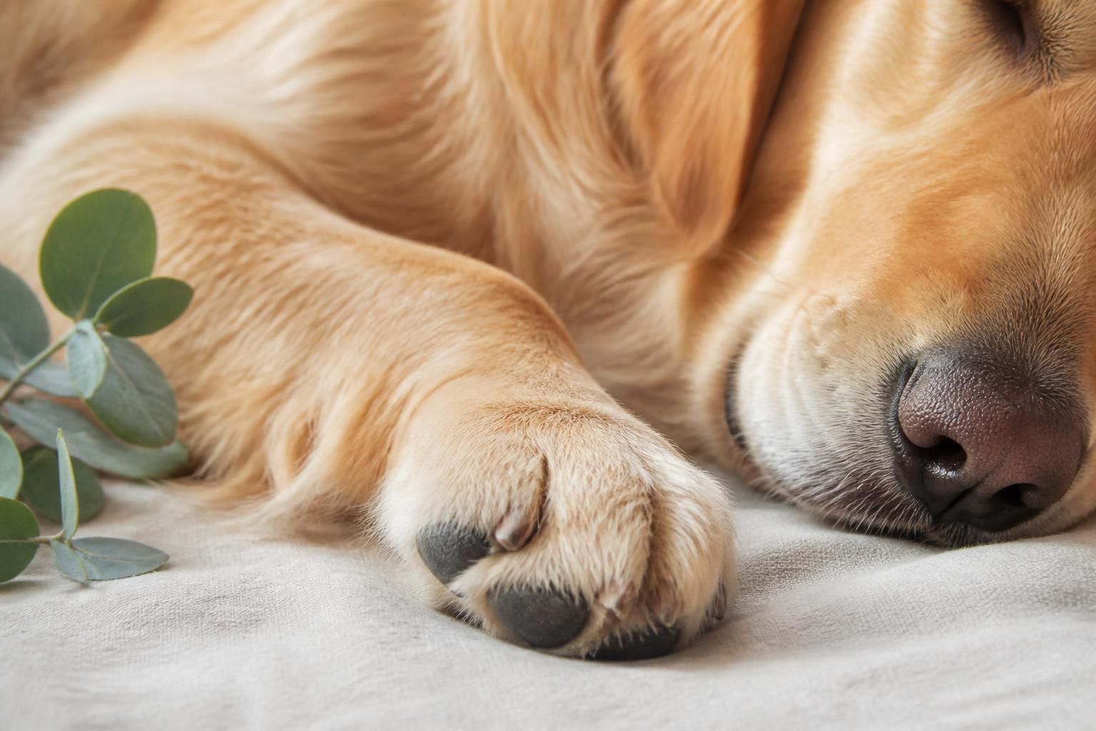 Close-up of a dog’s healthy-looking coat and soothed paw and nose areas in soft natural light