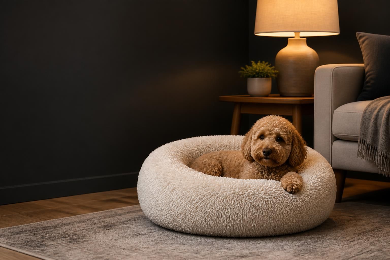 Premium pet product styled in a cozy modern living room