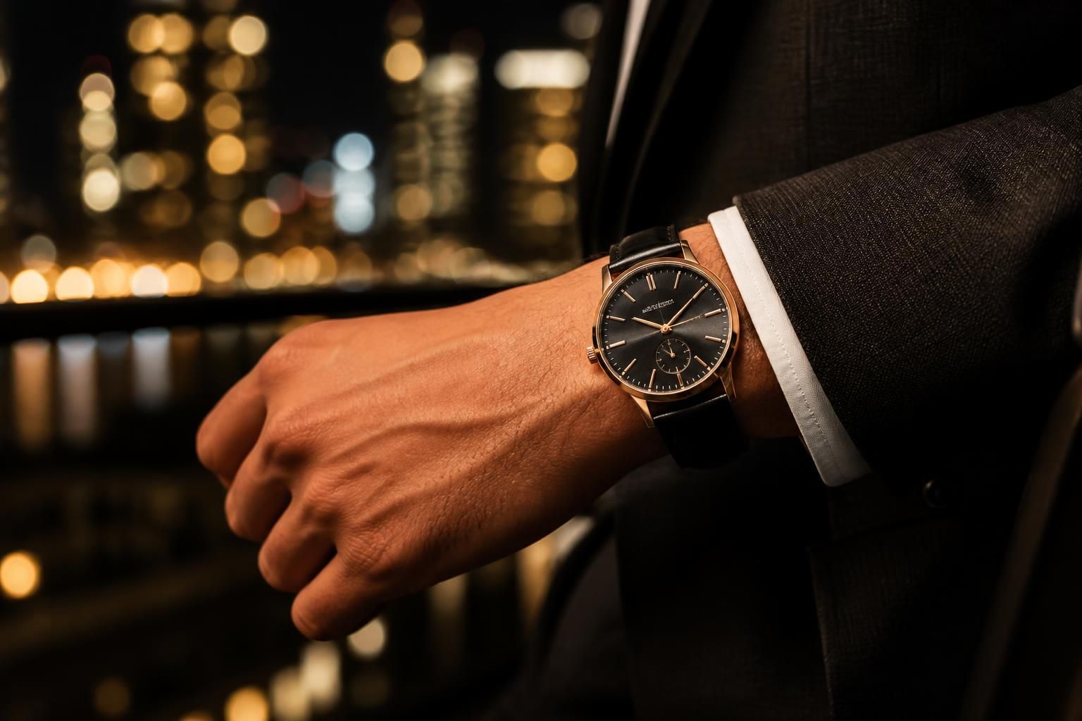 Luxury watch styled on a modern wrist in an upscale evening setting