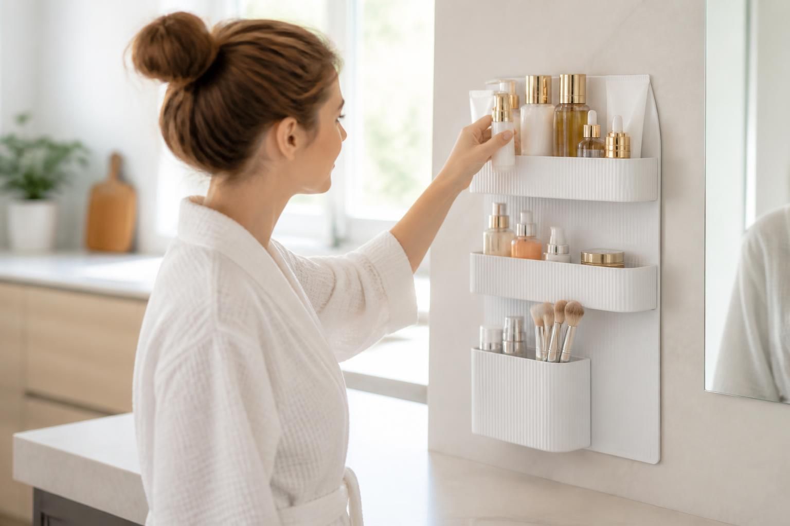 The featured product appears in a clean lifestyle setting with gentle daylight
