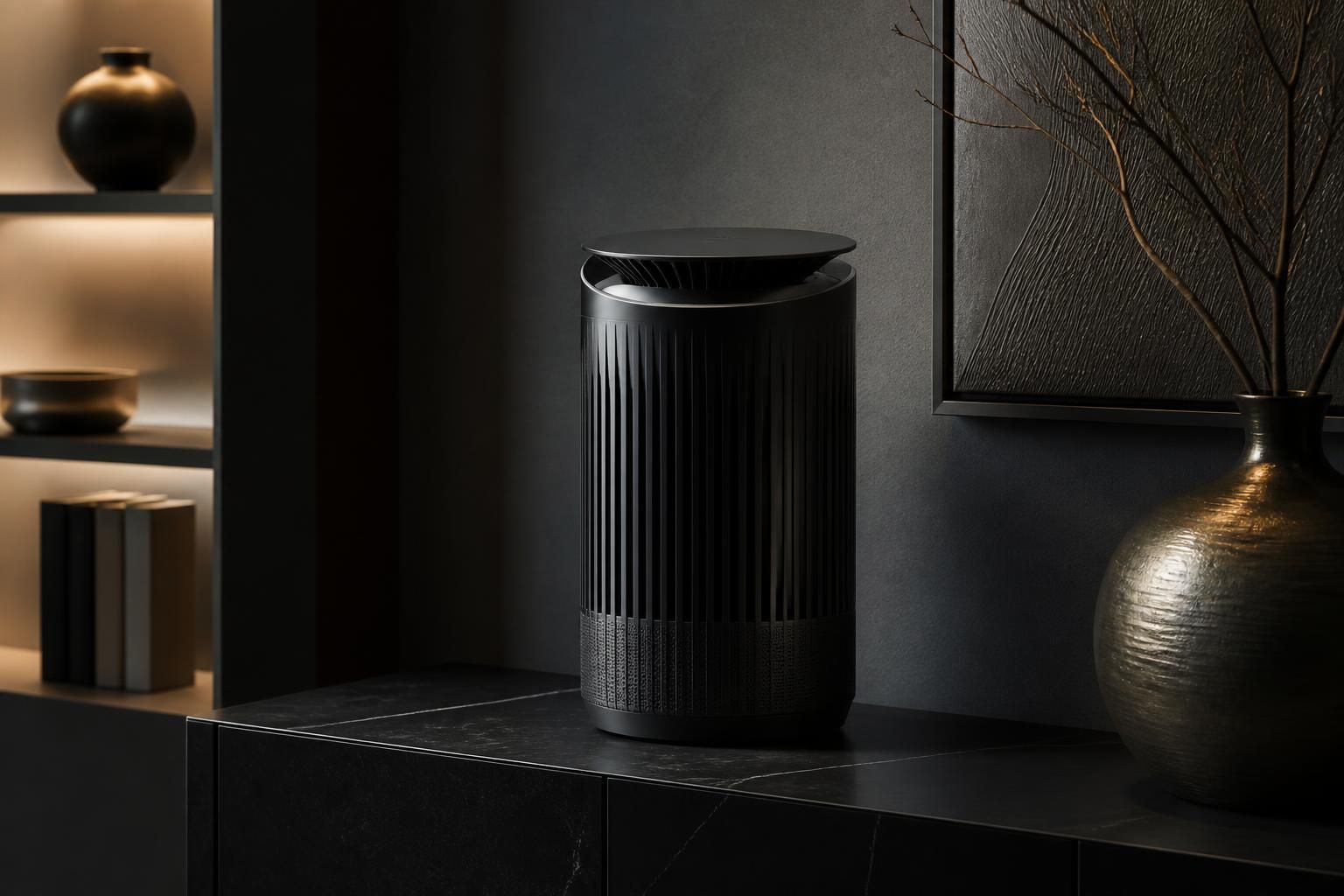 AeroAura placed in a refined dark-toned home interior beside modern decor