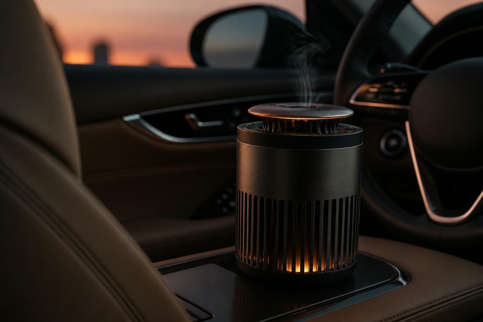 AeroAura displayed inside a luxury car interior at dusk