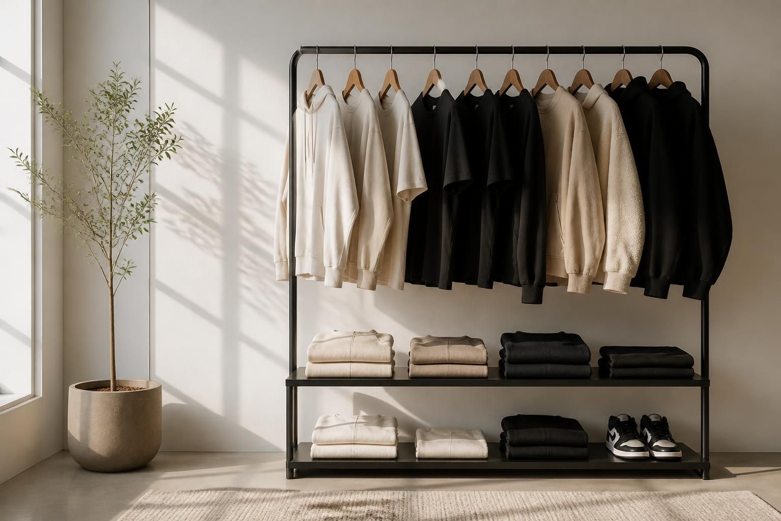 A clean modern clothing rack with folded streetwear essentials