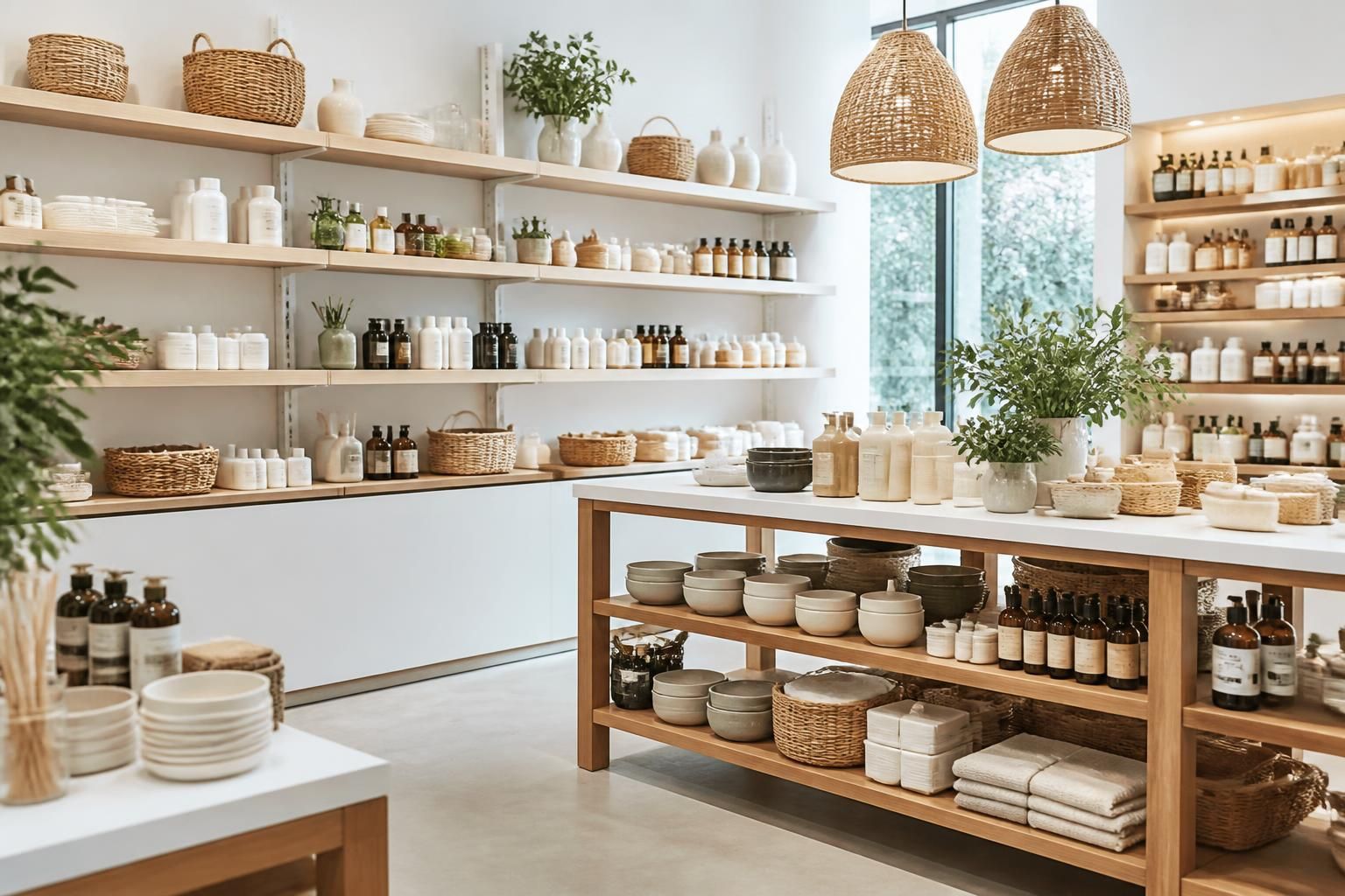 A neatly organized assortment of assorted everyday products arranged on bright shelving in a clean