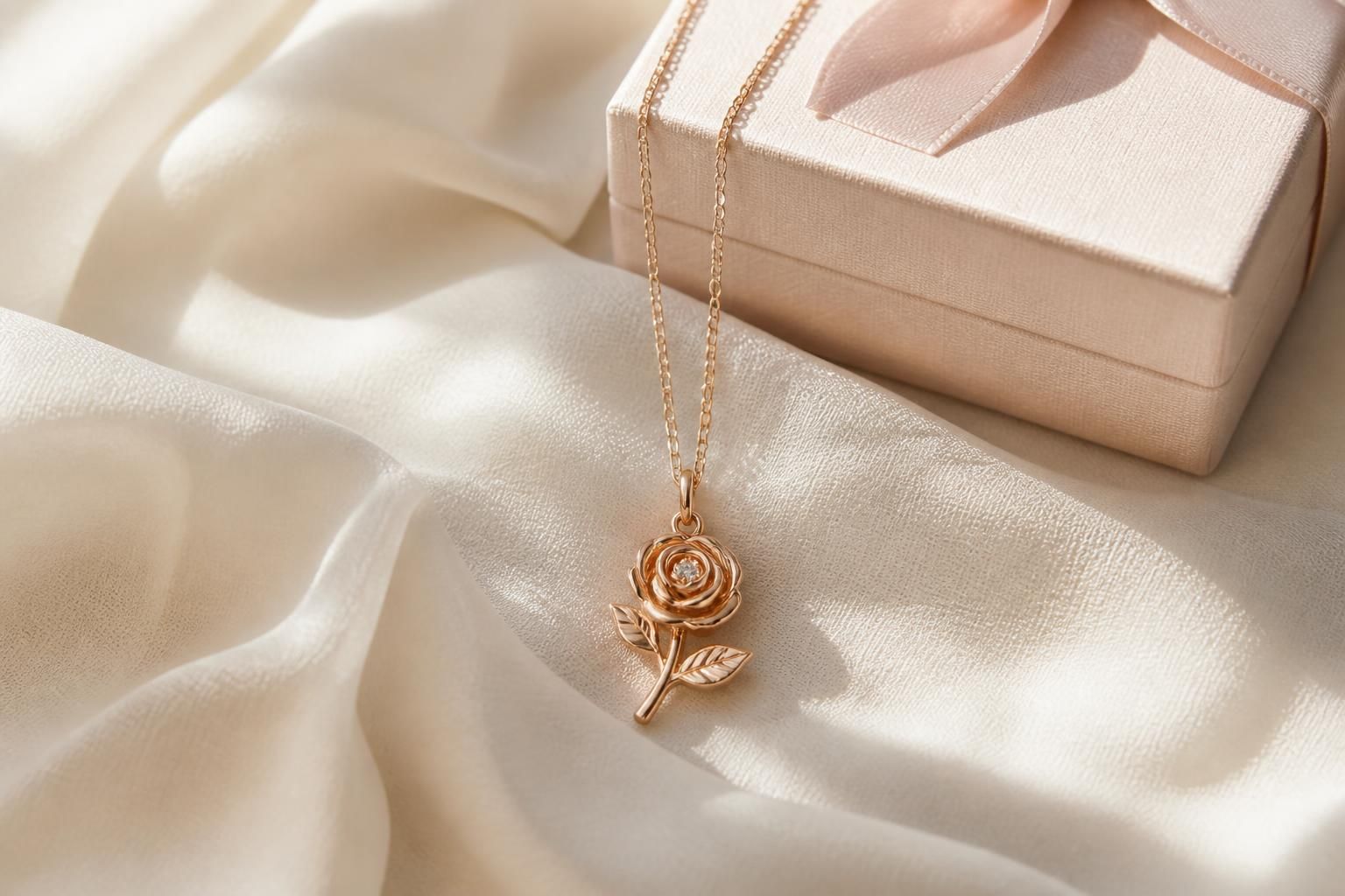 An Eternal Necklace with a rose pendant displayed on a soft neutral tabletop beside delicate gift ribbon and a small jewelry…