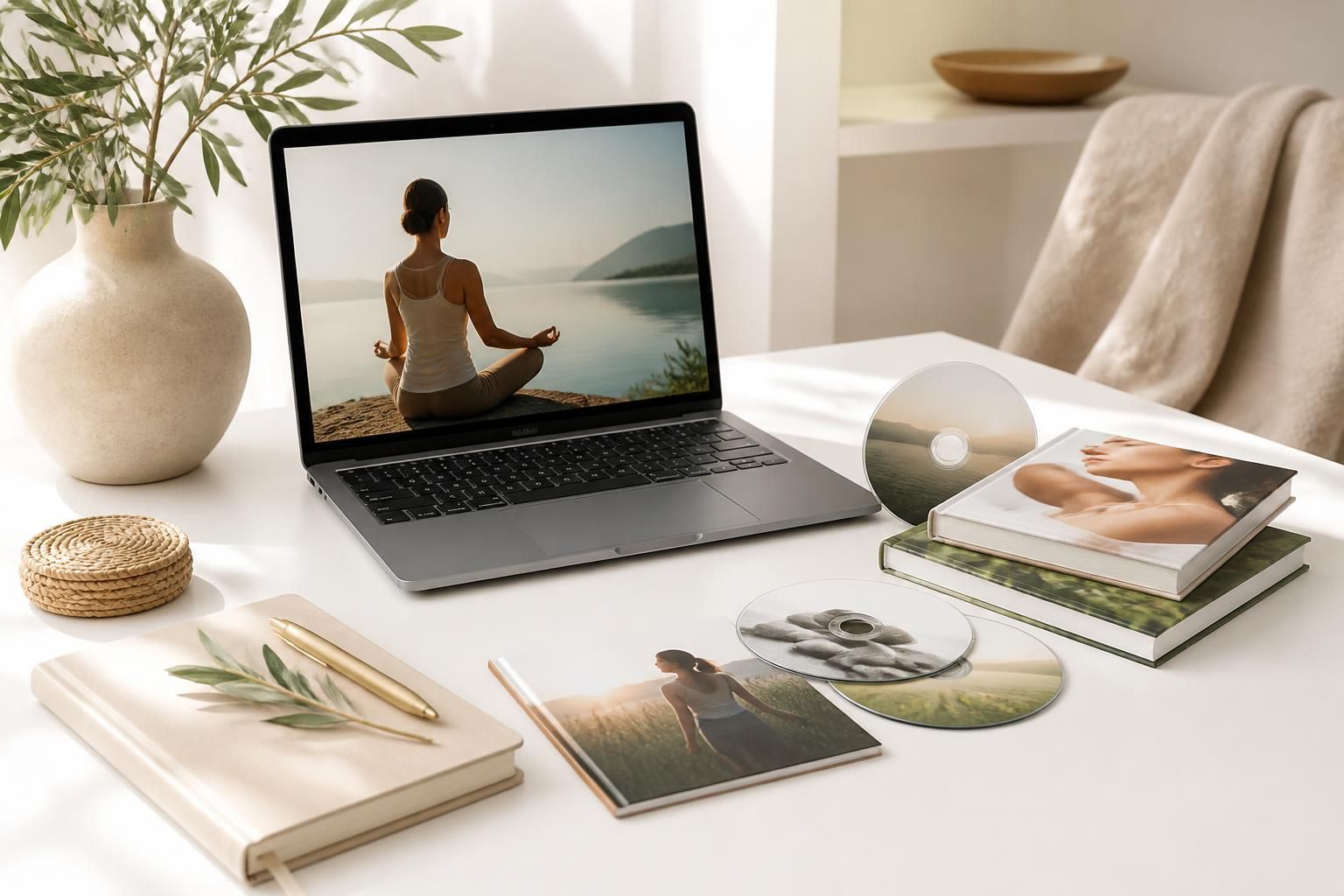 VivaHealthGuide digital wellness bundle mockup on a bright modern lifestyle desk with an open laptop and soft neutral props
