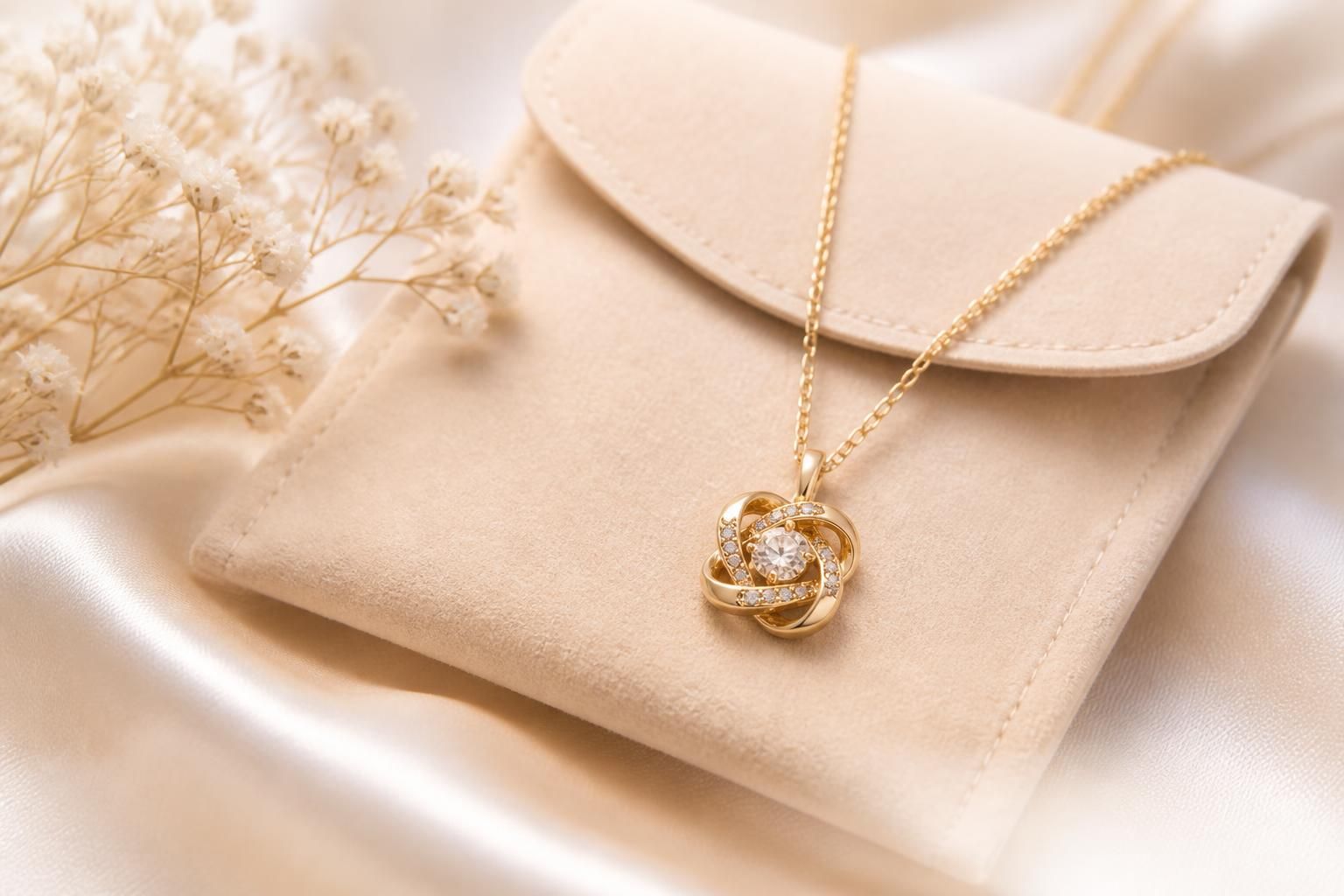 The Eternal Necklace worn as a close-up gift-ready product portrait with soft neutral fabric