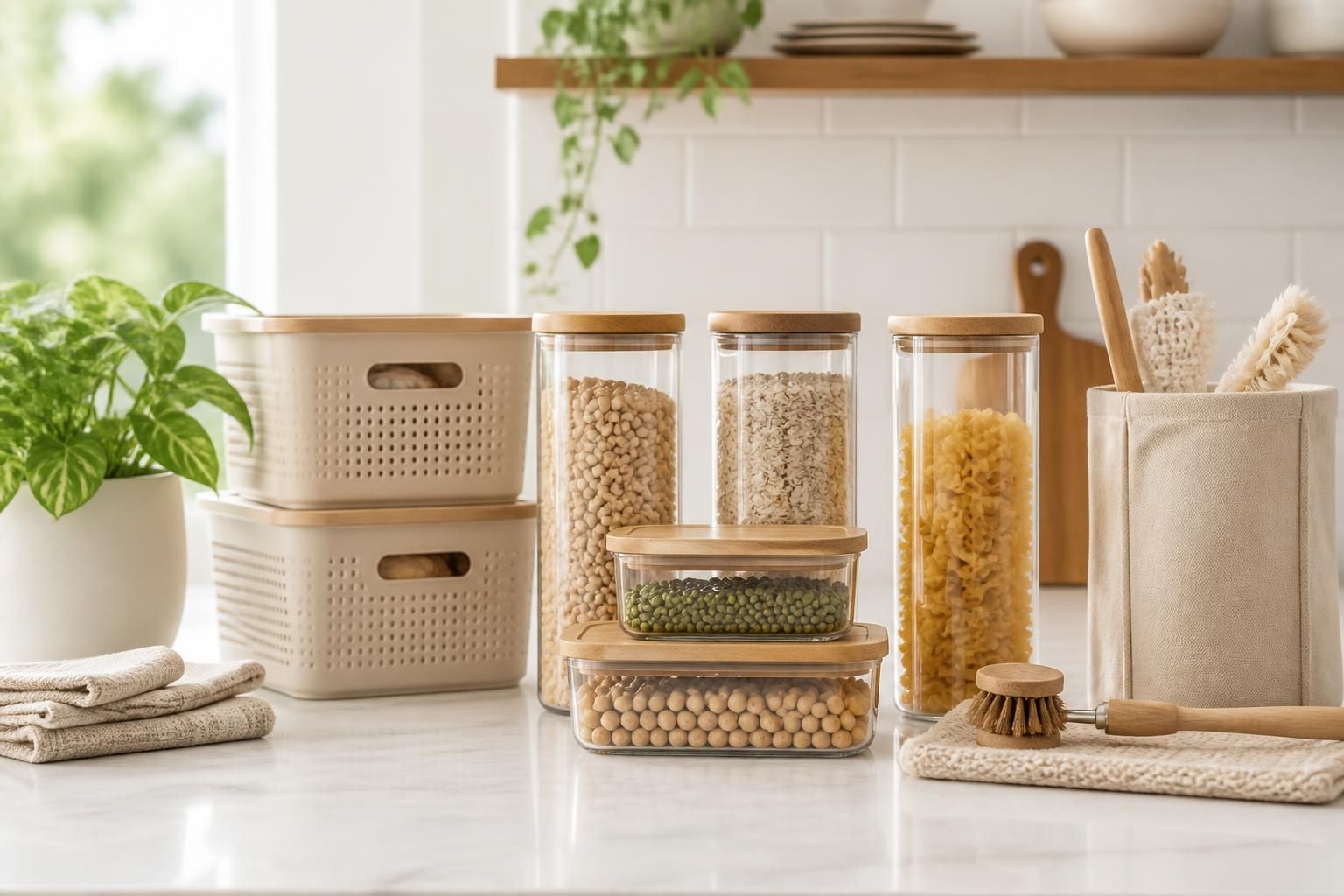 Eco-friendly home organization products styled neatly on a bright kitchen counter