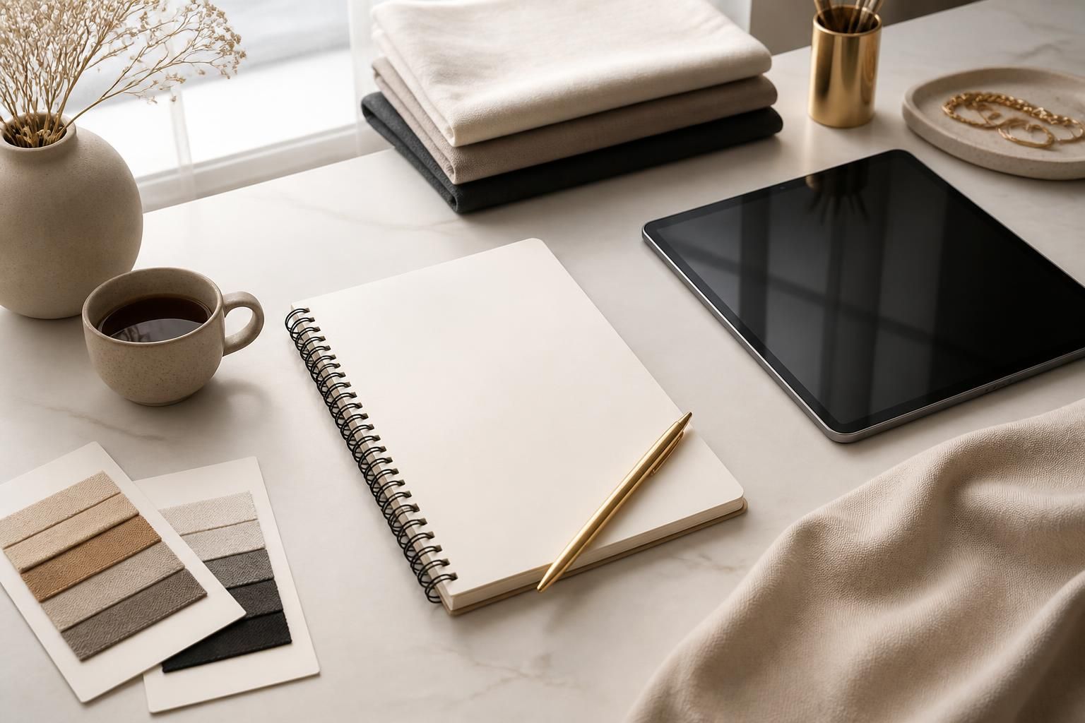 Syy Style fashion order form styled workspace with a neatly arranged blank notebook