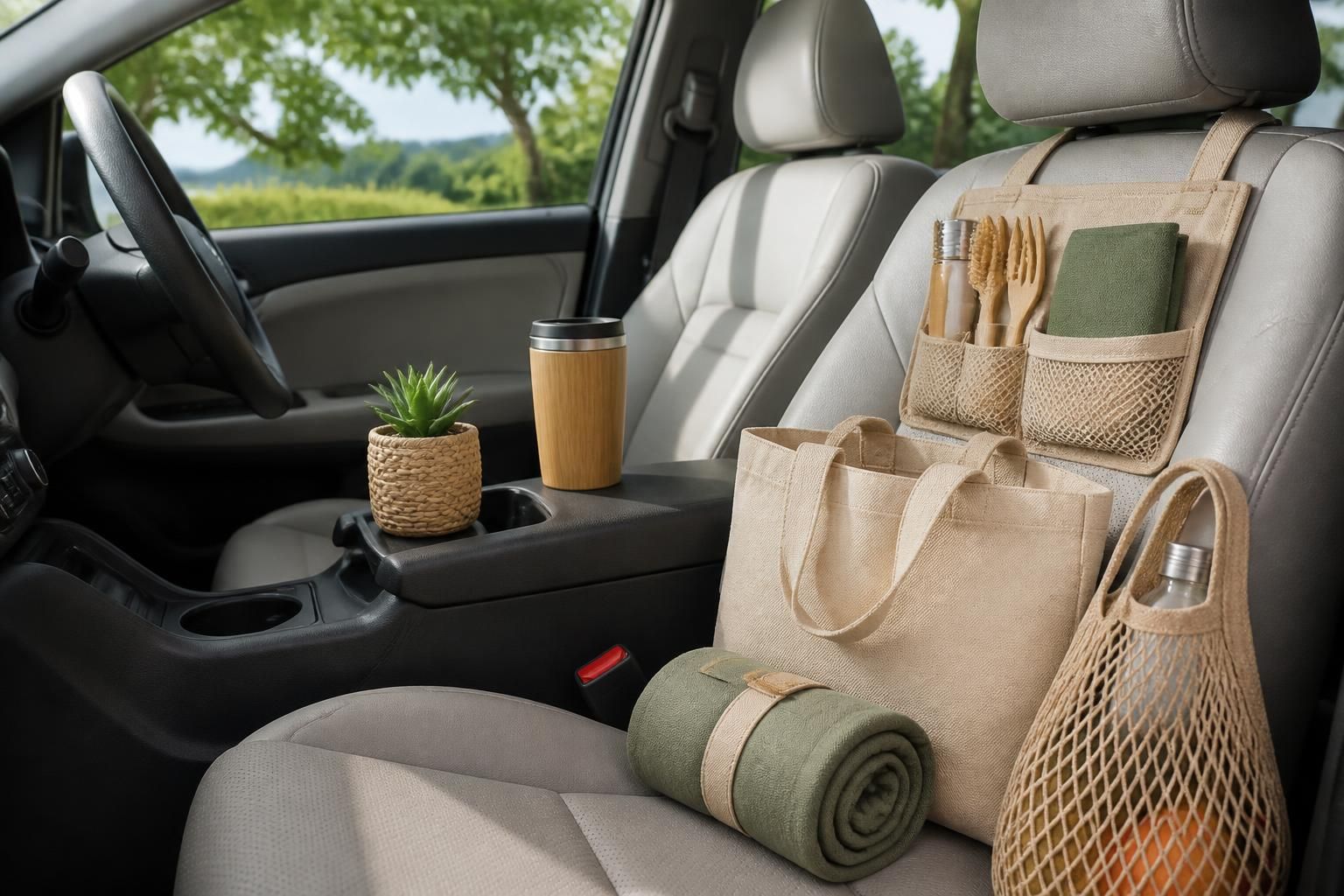 Eco-friendly car accessories arranged neatly inside a clean vehicle interior
