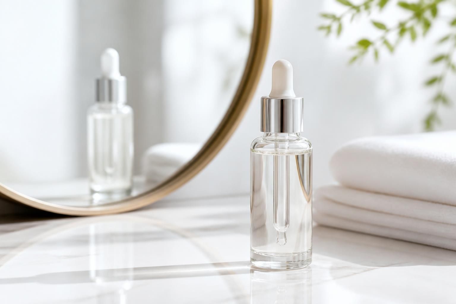 A skincare serum bottle with a sleek dropper placed near a softly lit bathroom mirror and folded linens