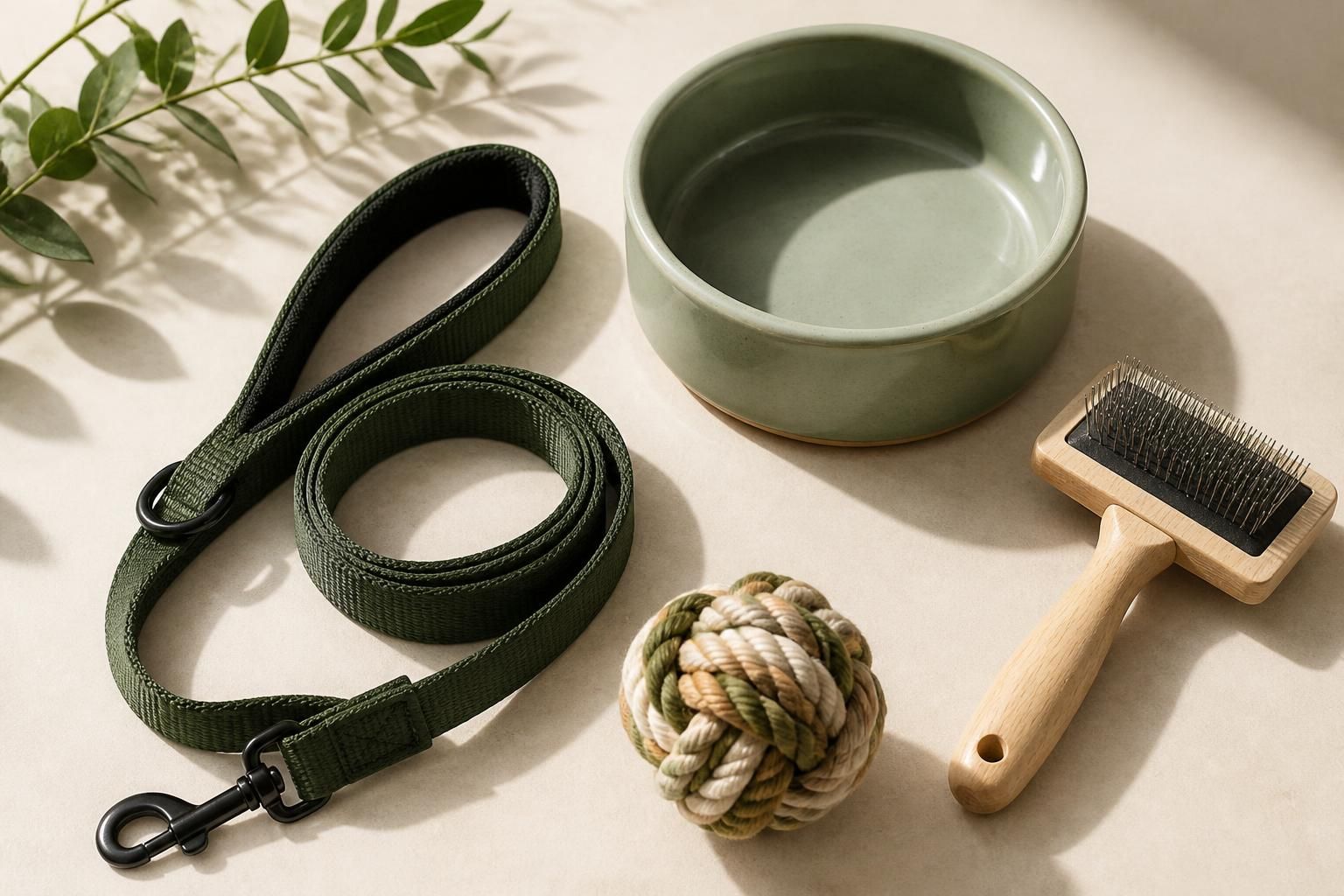 A premium pet accessories flat lay featuring a durable dog leash