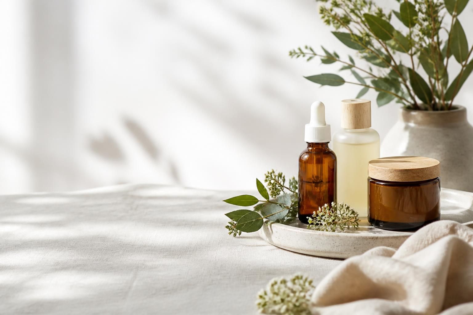 Fresh natural wellness products styled on a bright