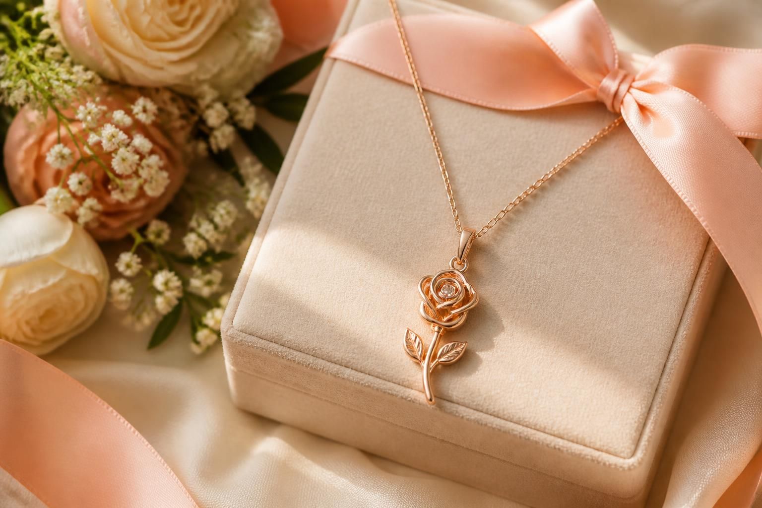 A rose-inspired necklace displayed in an elegant anniversary gift setting