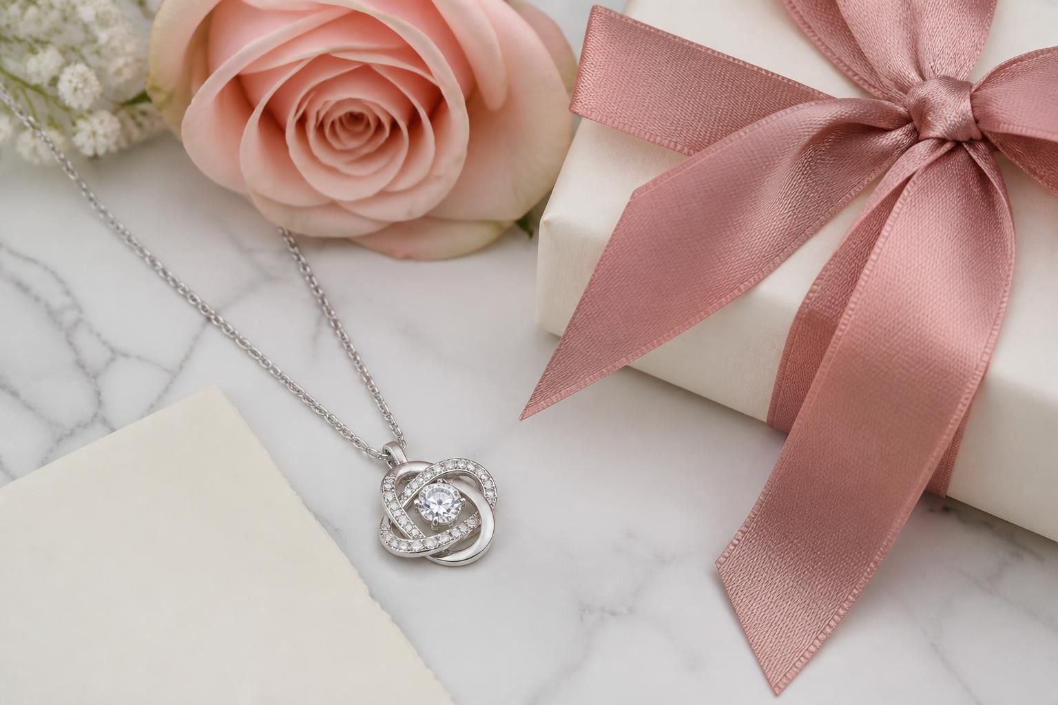 Eternal necklace presented in refined gift packaging on a light linen surface