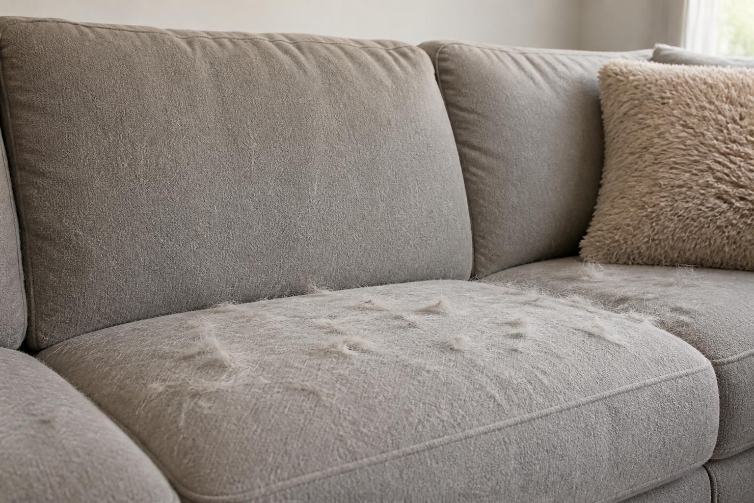 A fur-covered sofa with scattered pet hair and visible lint from a pet grooming session