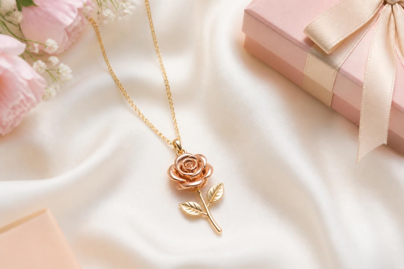 An elegant rose pendant necklace displayed on a soft cream backdrop with delicate shadows