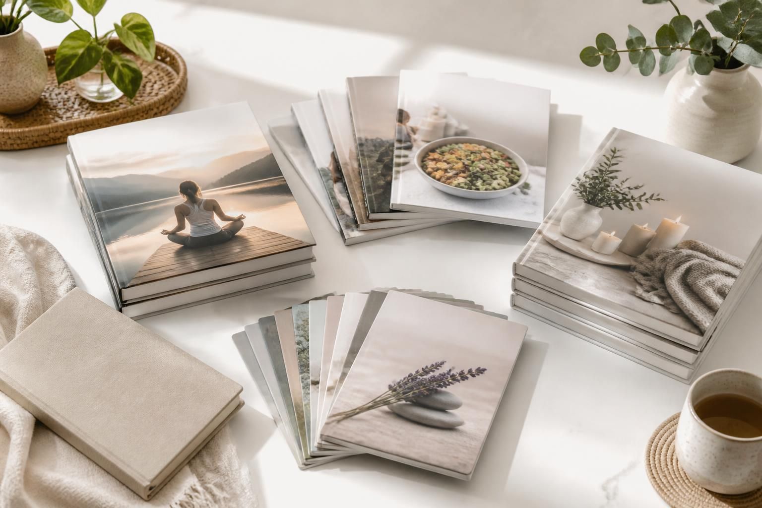 VivaHealthGuide digital wellness guide bundle arranged as a premium printed-style mockup on a bright