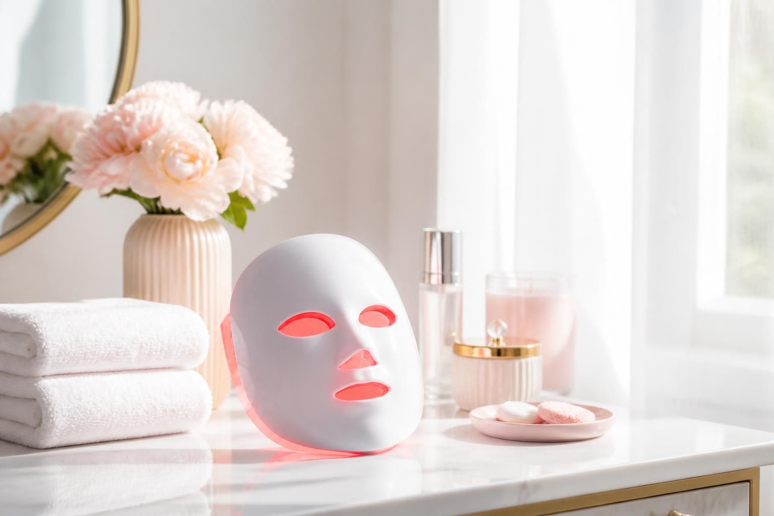 Lumora Red Light Therapy Mask centered on a clean bathroom vanity