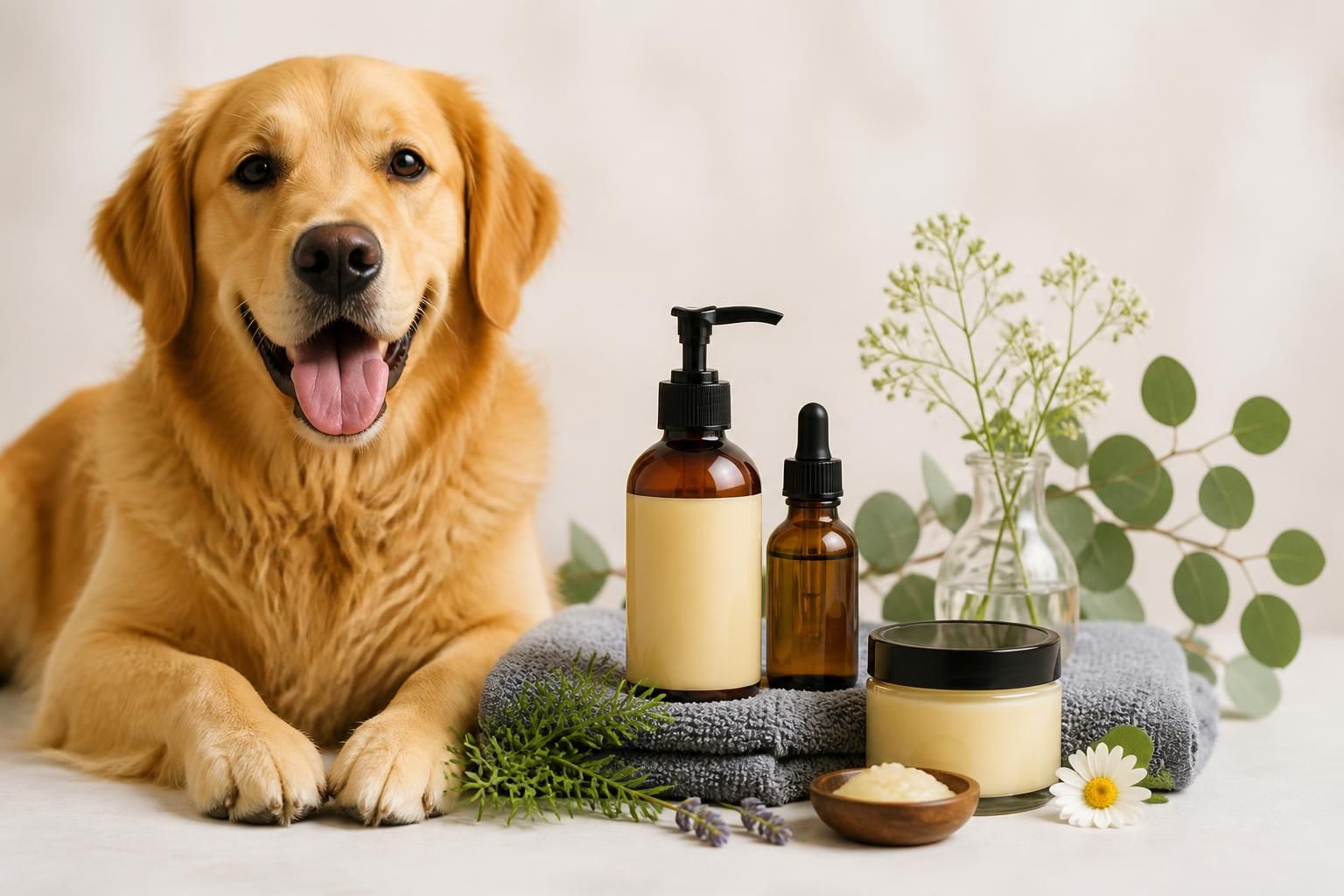 FurRevive natural dog skin and coat care bundle styled on a soft cream backdrop with a folded gray towel