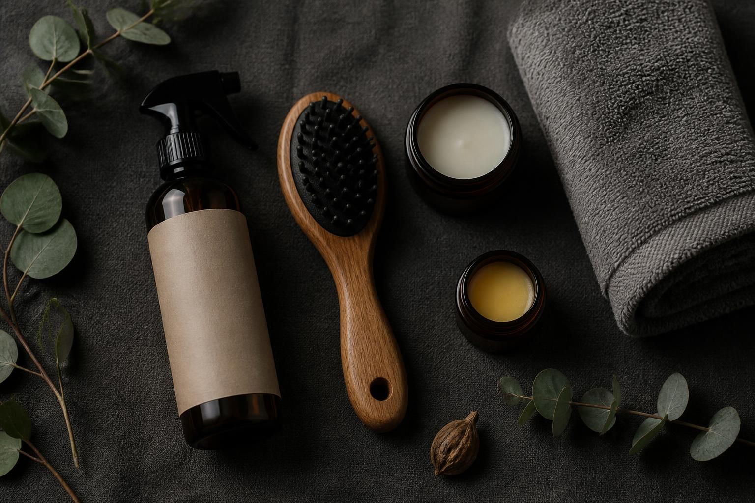FurRevive dog skin + coat care set styled on a dark charcoal linen backdrop with the spray