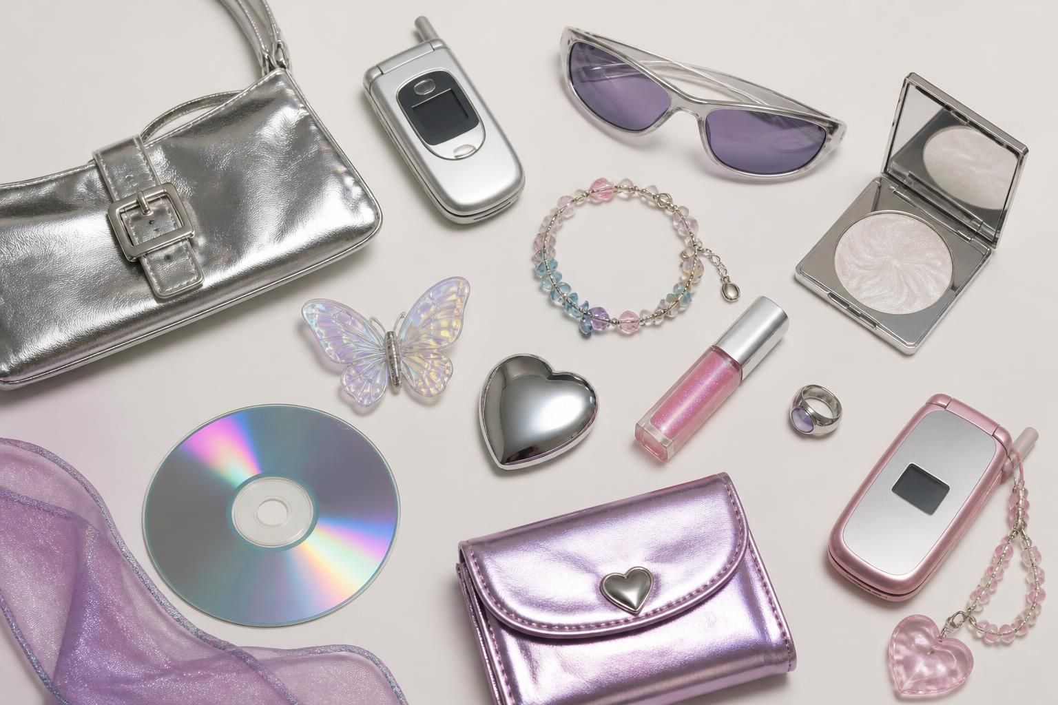 A bright Y2K-inspired flat-lay collage of chrome accessories