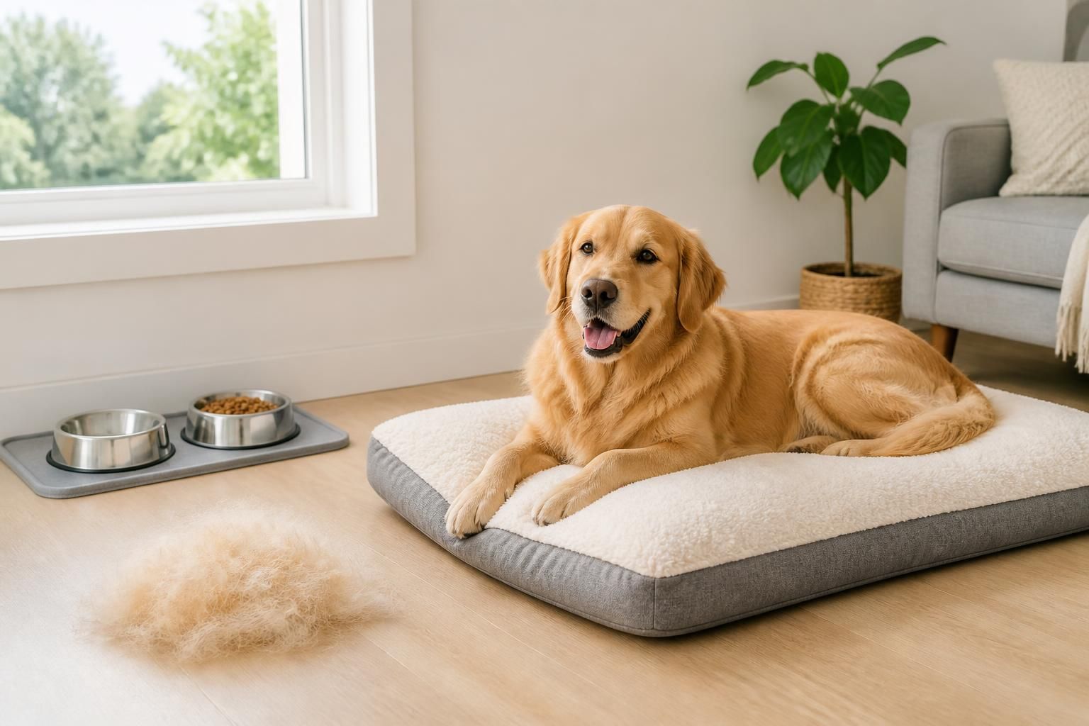 A tidy, content dog resting on a fresh pet bed next to a clean feeding area and neatly gathered fur in a bright, airy living…