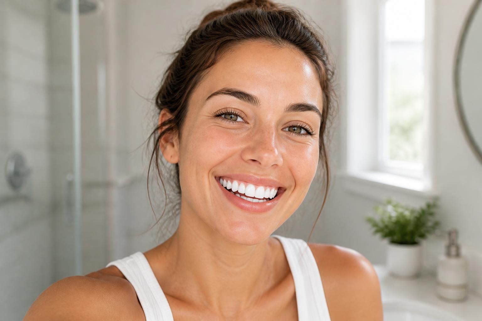 A bright, refreshed smile in soft daylight, framed close-up from the shoulders up against a clean neutral background, with c…
