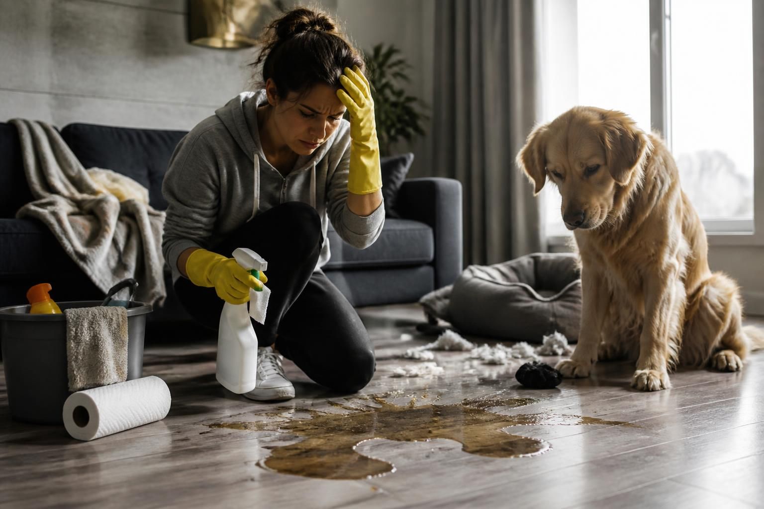 A frustrated pet owner crouching beside a messy living room after a pet accident