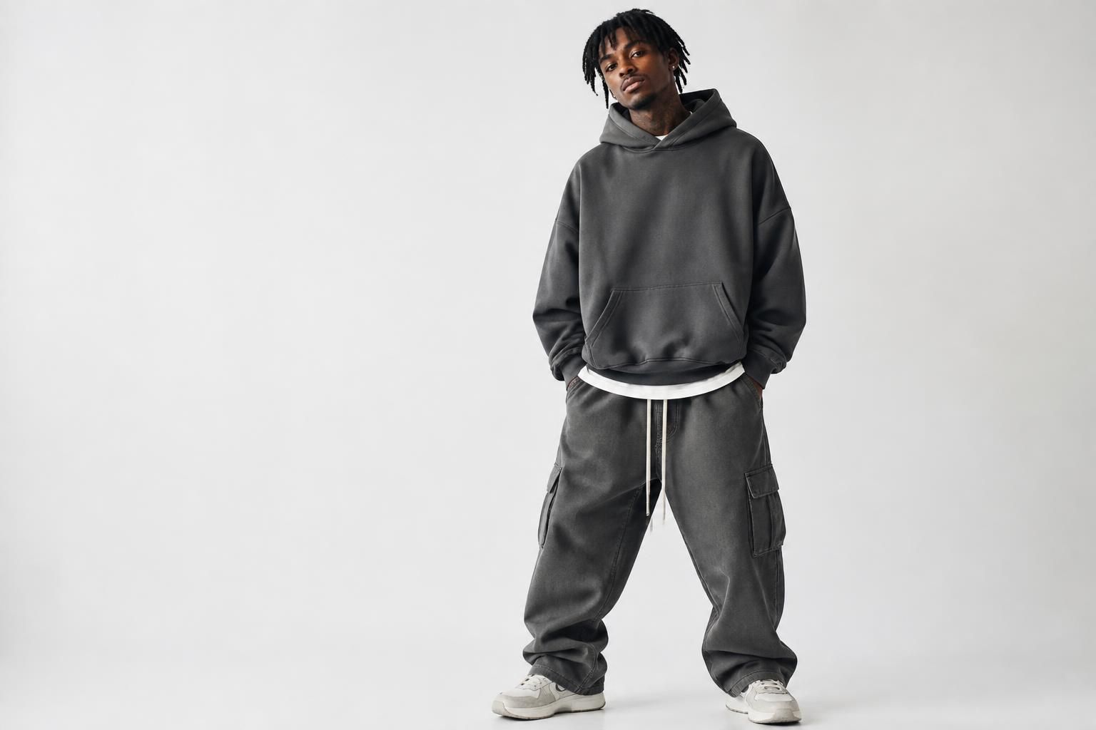 A bold streetwear model in oversized urban apparel stands against a clean bright studio backdrop with soft natural light
