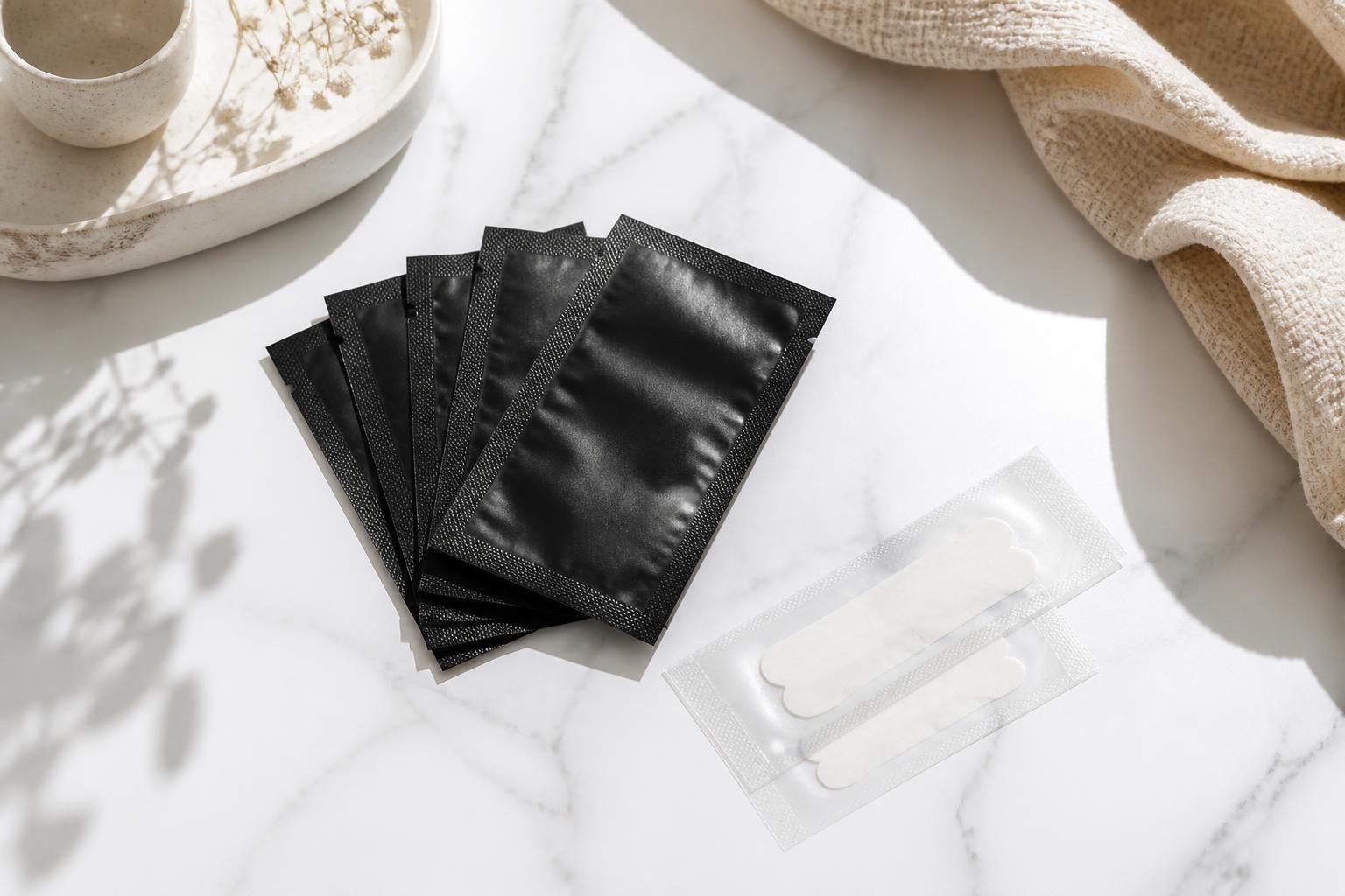 GuruNanda Whitening Strips arranged on a pristine white marble surface with soft natural light