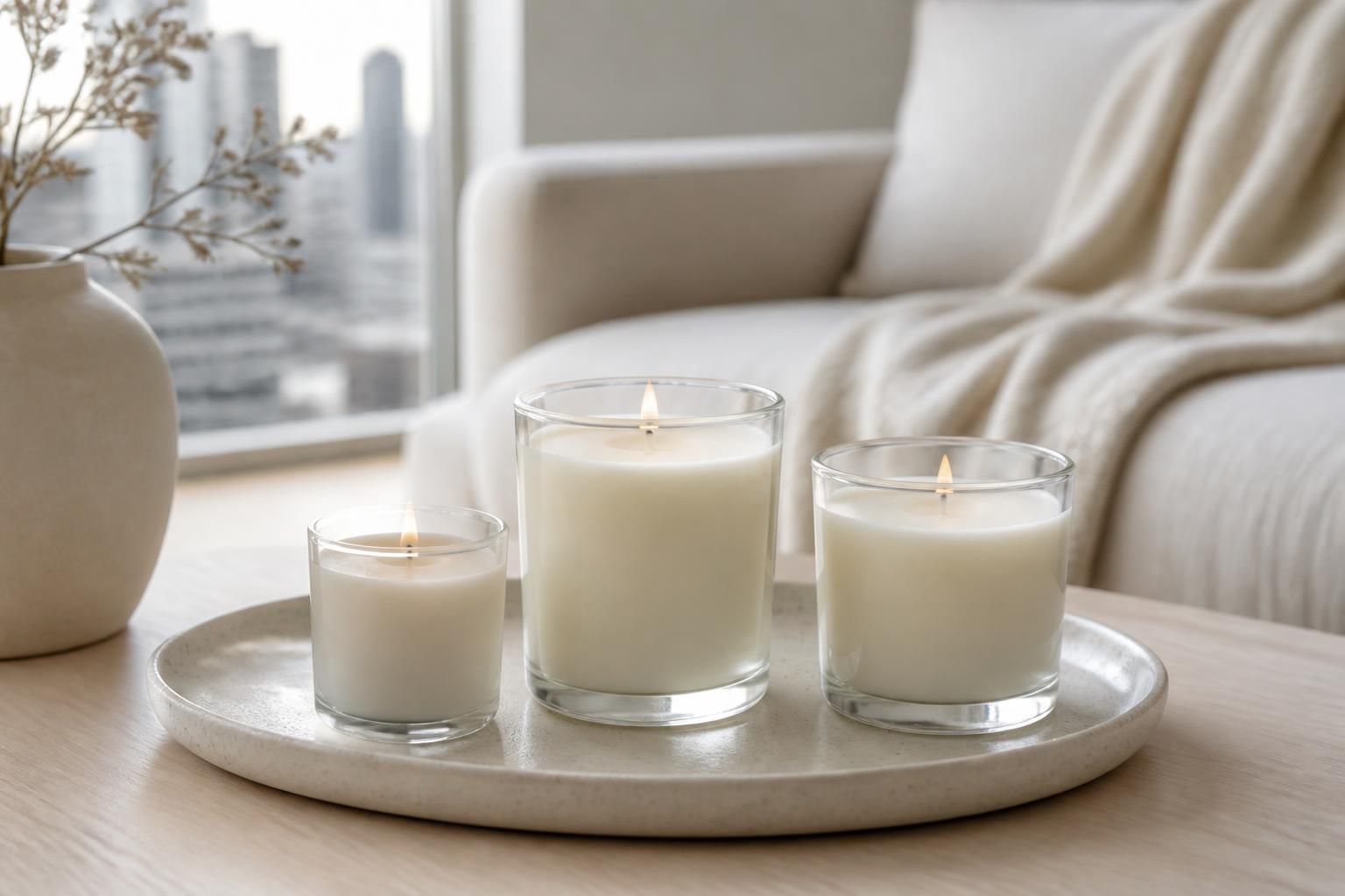 Hand-poured soy candles glowing in a modern apartment living room
