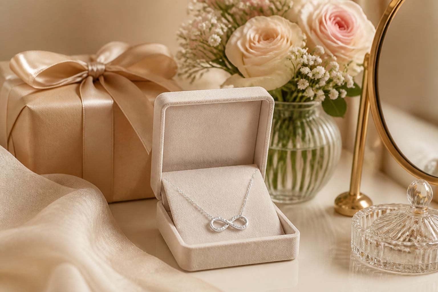 Eternal Necklace presented in a close-up flat lay beside a wrapped gift box