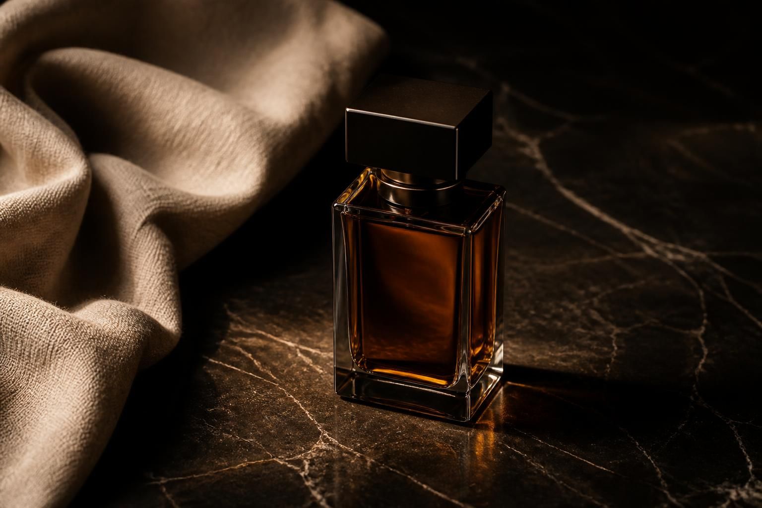 A premium fragrance bottle styled on a dark marble surface beside a soft linen textile