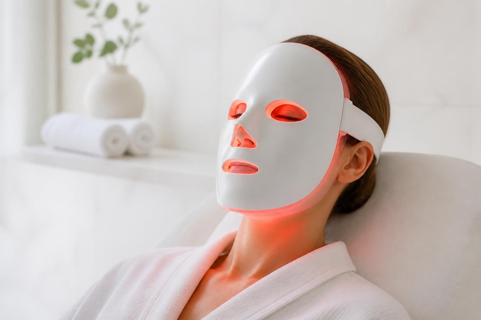 Lumora Red Light Therapy Mask worn by a woman in a spa-like setting