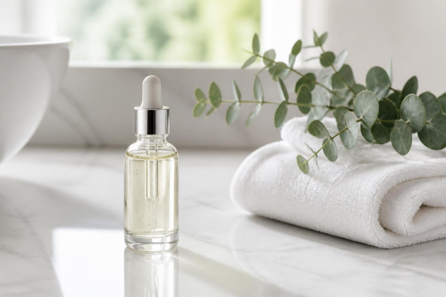 A skincare serum bottle on a bright bathroom vanity beside soft white towels and fresh eucalyptus