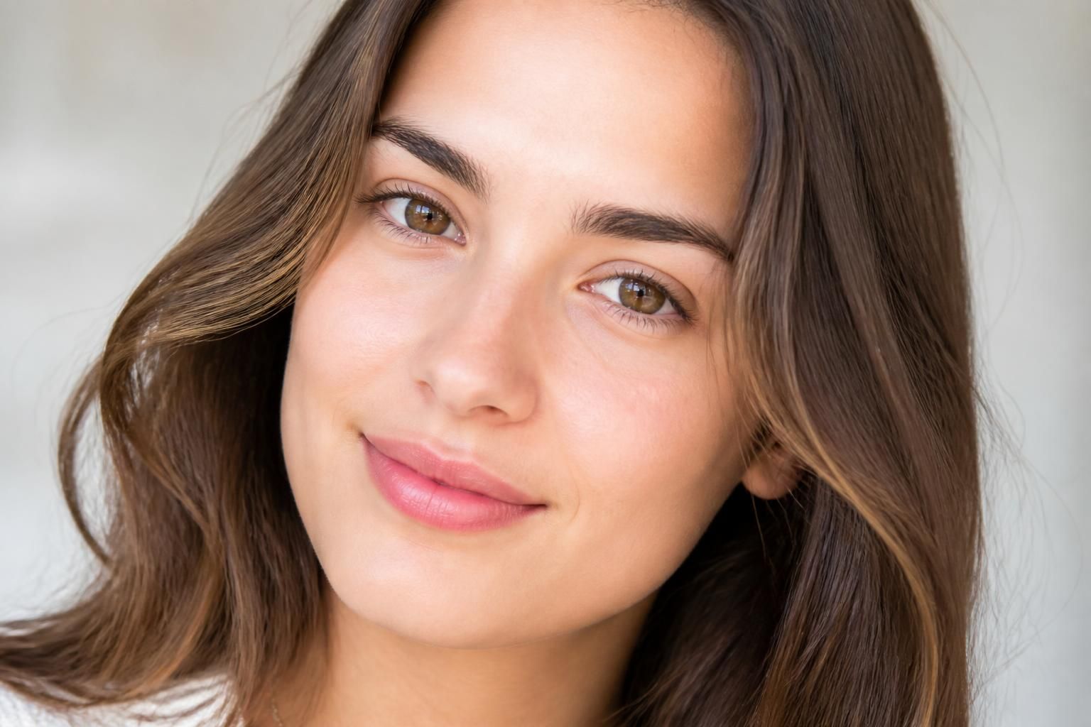 Photorealistic close-up of the same woman's face showing clearer