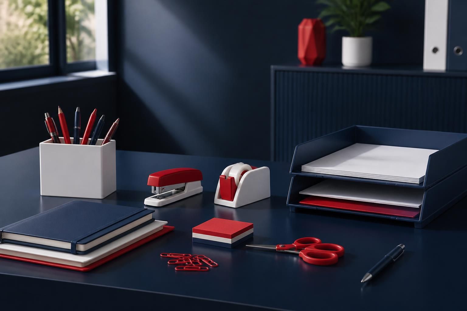 USAmerch LLC office supplies arranged on a polished navy desk in a modern workspace