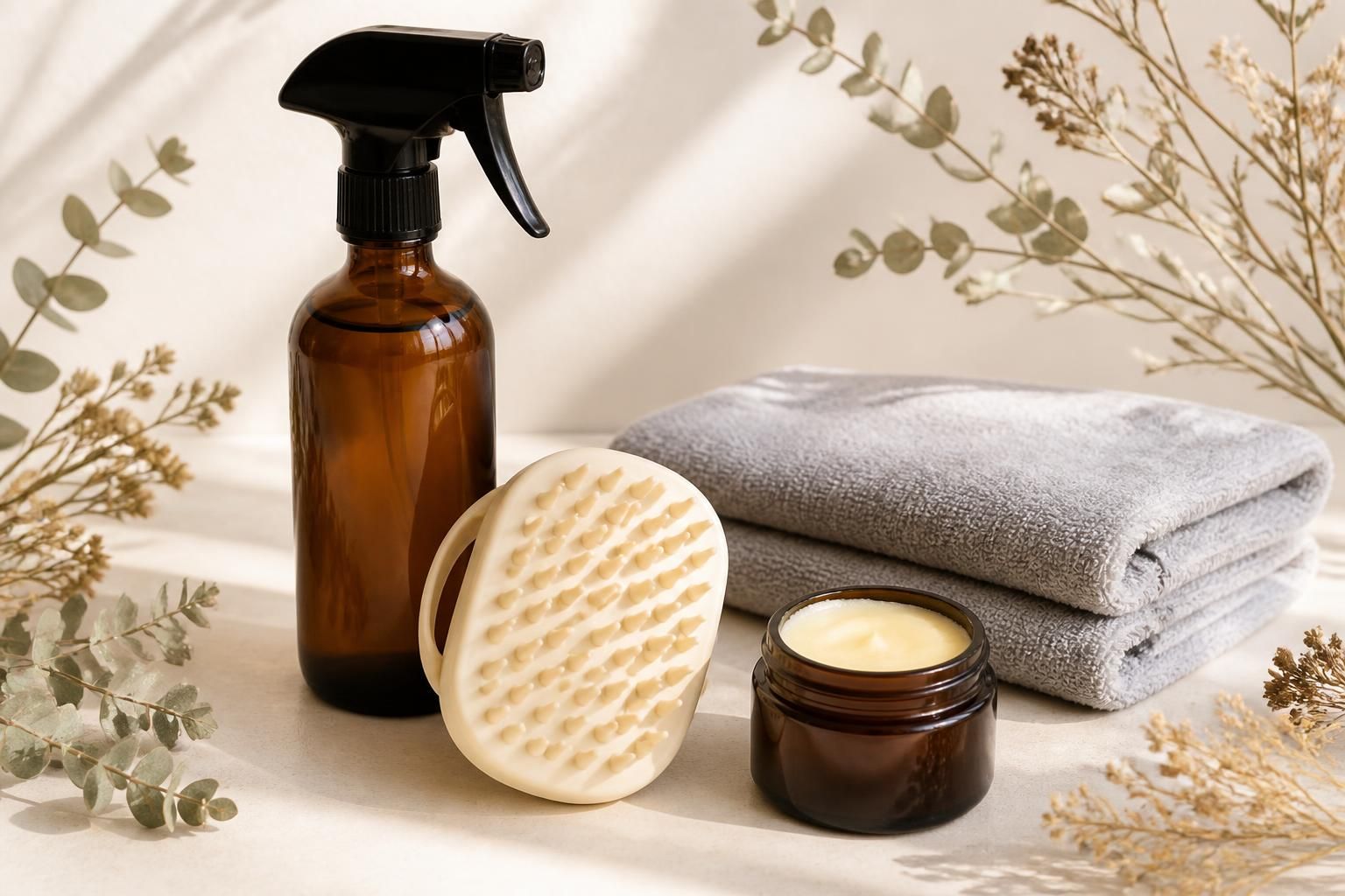 FurRevive natural dog skin and coat care products arranged on a warm cream surface with soft botanical accents