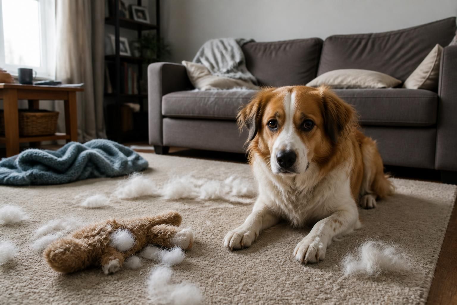 A worried dog on a cluttered living room floor beside scattered shedding fur and a chewed toy