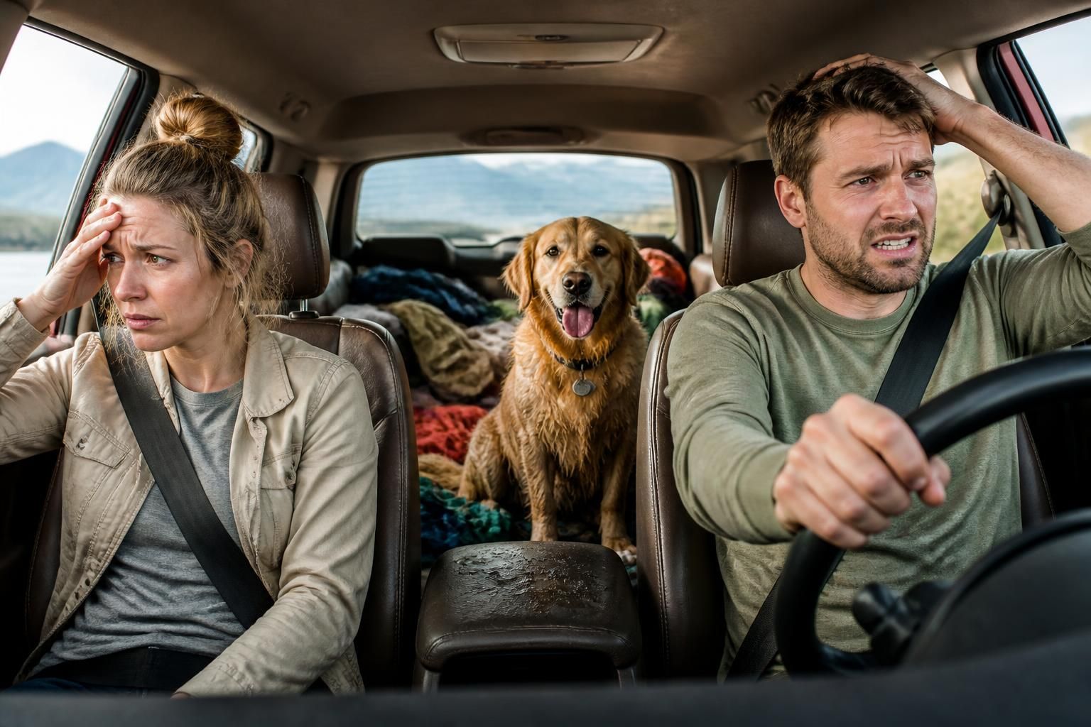 A dog in a car with a messy back seat