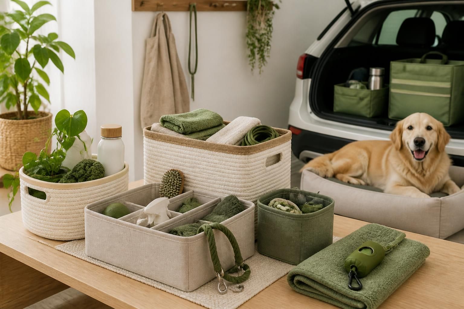A bright, airy lifestyle photo of eco-conscious home and car organization, centered on tidy storage containers, pet-friendly…