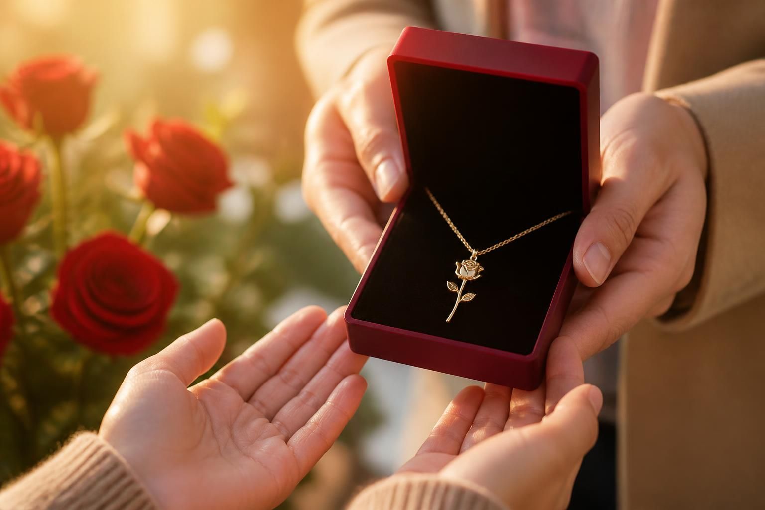 A rose-inspired necklace presented in a homecoming moment with open hands