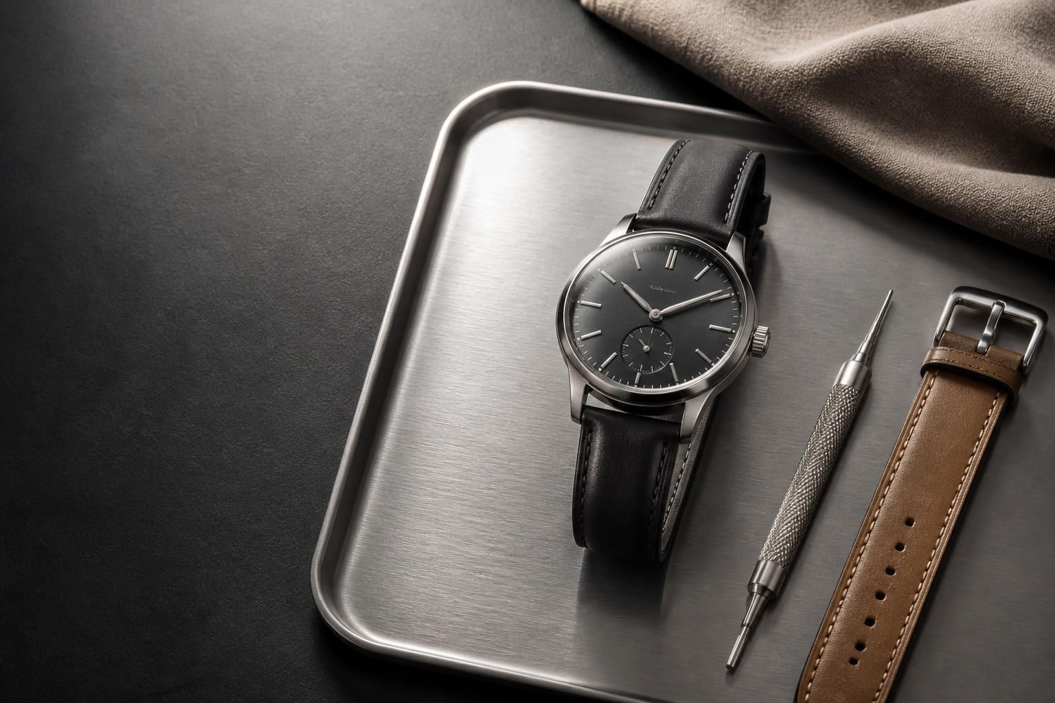 A premium watch displayed on a brushed metal tray beside a leather strap tool and soft fabric