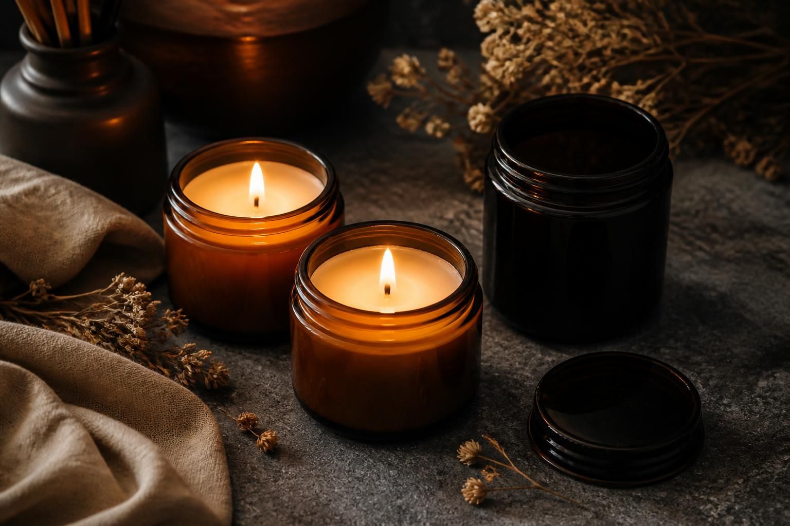 Hand-poured soy candles arranged with refillable glass jars on a dark stone surface